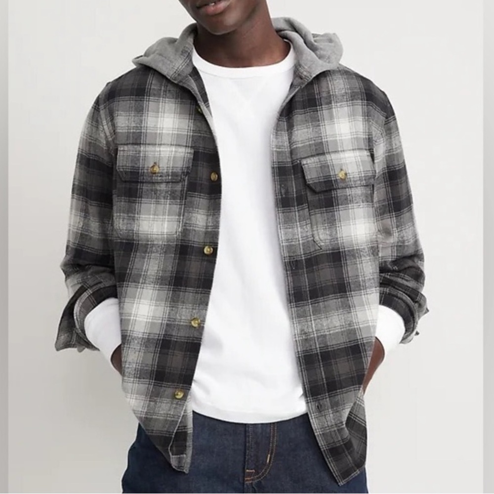 Old Navy Hooded Flannel Shirt Mens XL Gray Black Plaid Double Brushed‎ Cotton